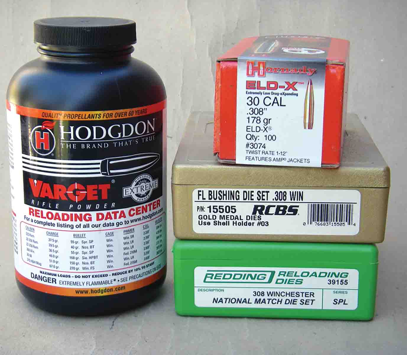 Hodgdon Varget is a top choice for assembling handloads in the .308 Winchester with Hornady 178-grain ELD-X bullets.